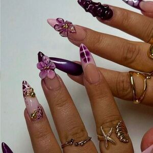 Handmade Long Stiletto Nail Set in Pink & Deep Purple - Large
